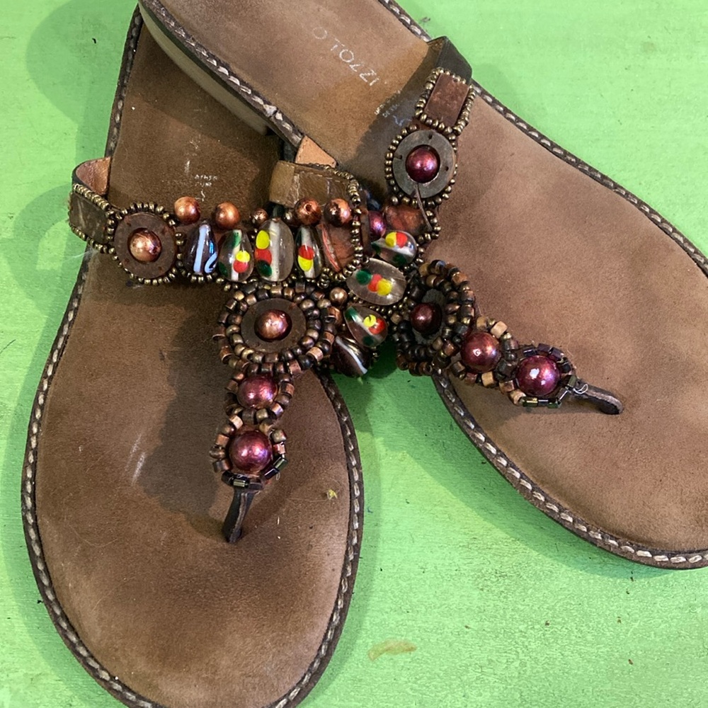 Brown and Red Beaded Thong Sandals